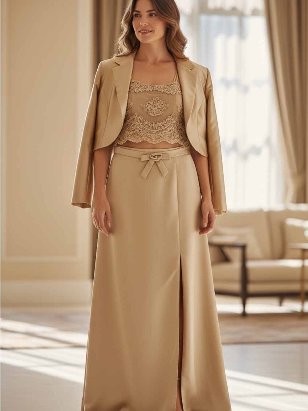 Jovani Cream Maxi Skirt with Lace Bodice and Jacket